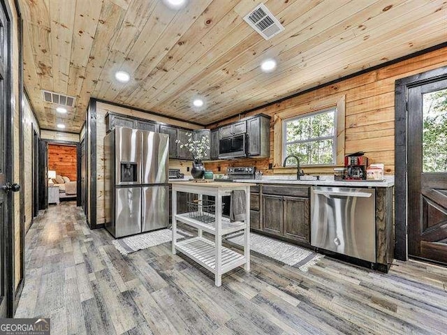 kitchen with sink, light hardwood / wood-style flooring, stainless steel appliances, and wooden ceiling