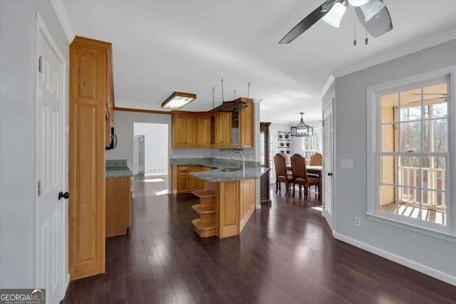 kitchen featuring crown molding, sink, dark hardwood / wood-style floors, and kitchen peninsula