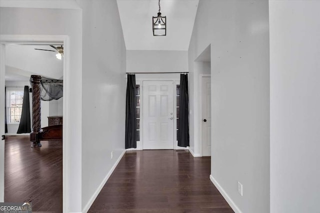 foyer with lofted ceiling and dark hardwood / wood-style flooring