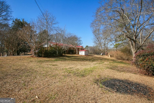 view of yard with a storage shed