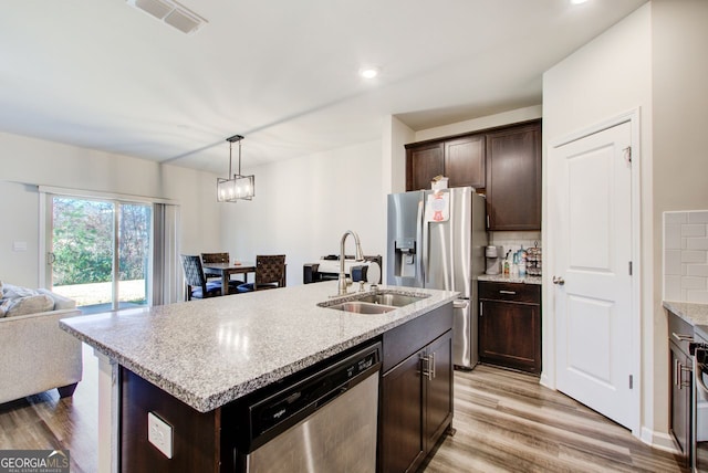 kitchen with appliances with stainless steel finishes, tasteful backsplash, hanging light fixtures, light hardwood / wood-style floors, and a center island with sink