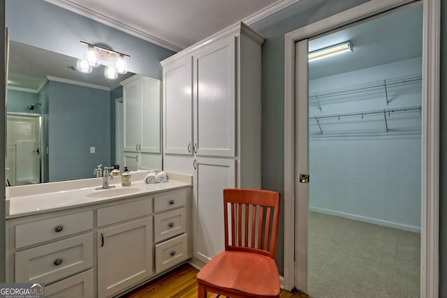 bathroom with crown molding and vanity