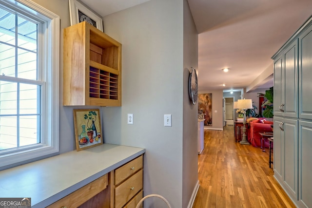 kitchen featuring light hardwood / wood-style floors and gray cabinetry