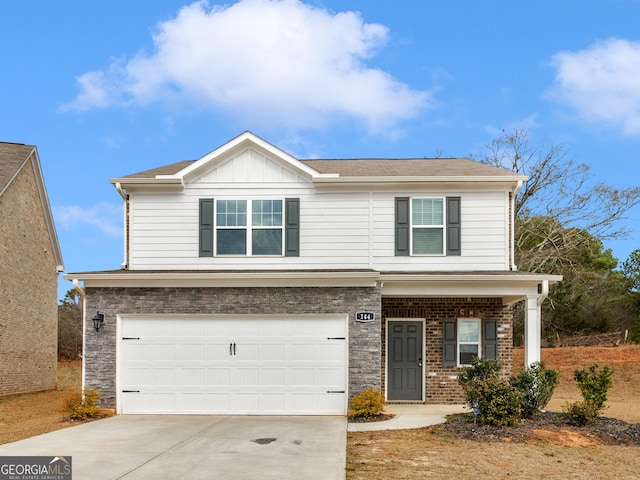 view of front facade featuring a garage, concrete driveway, board and batten siding, and stone siding