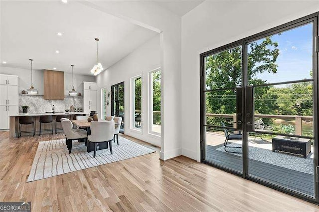 dining room featuring sink, a wealth of natural light, and light hardwood / wood-style flooring