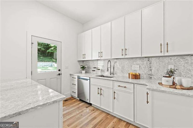 kitchen with white cabinetry, dishwasher, sink, backsplash, and light stone counters