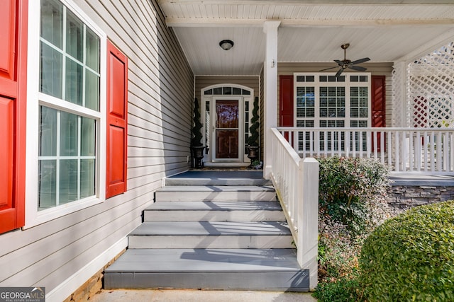 property entrance with ceiling fan