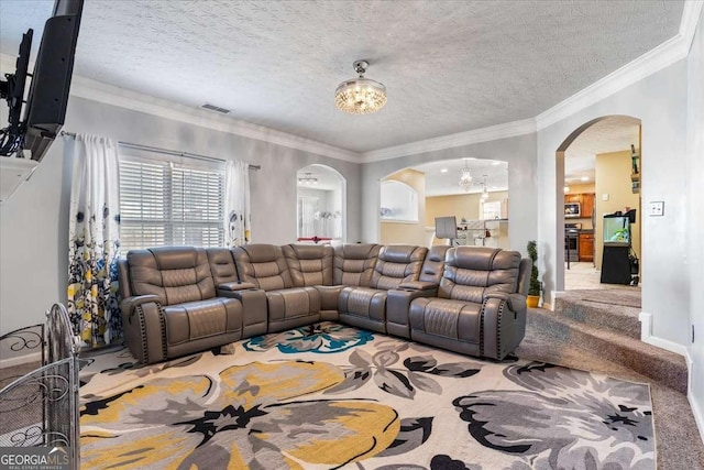 carpeted living room featuring crown molding and a textured ceiling