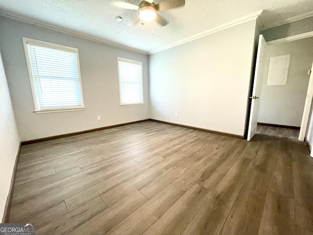 unfurnished room with crown molding, ceiling fan, a textured ceiling, and light hardwood / wood-style floors