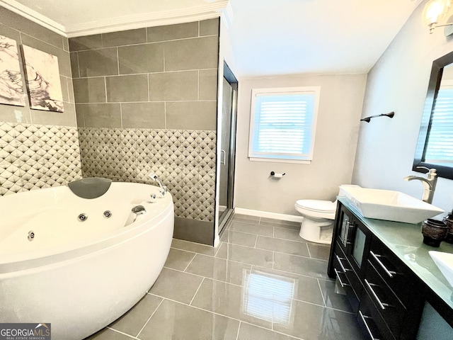 full bathroom featuring tile patterned floors, toilet, separate shower and tub, and vanity