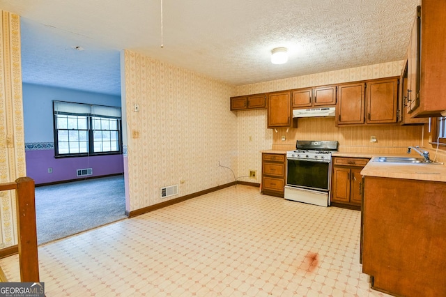 kitchen featuring gas range, sink, and a textured ceiling