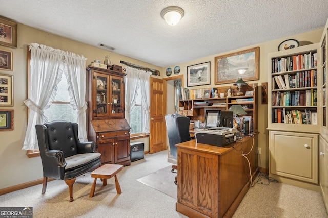 office space with light colored carpet, visible vents, a textured ceiling, and baseboards