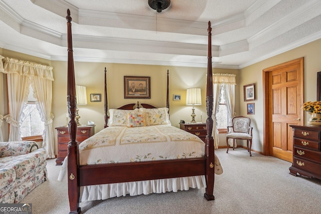 carpeted bedroom with multiple windows, a tray ceiling, crown molding, and a textured ceiling