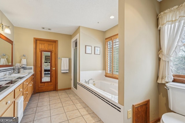 full bathroom with tile patterned floors, toilet, a textured ceiling, vanity, and plus walk in shower