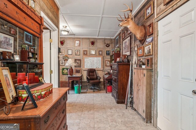 bathroom featuring vanity, a paneled ceiling, toilet, and a shower with shower curtain