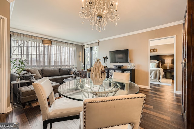 dining space with crown molding, dark hardwood / wood-style flooring, and a notable chandelier