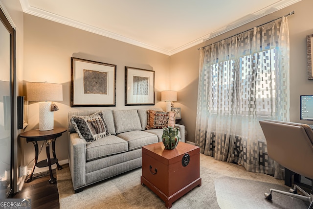 living room with ornamental molding and hardwood / wood-style floors