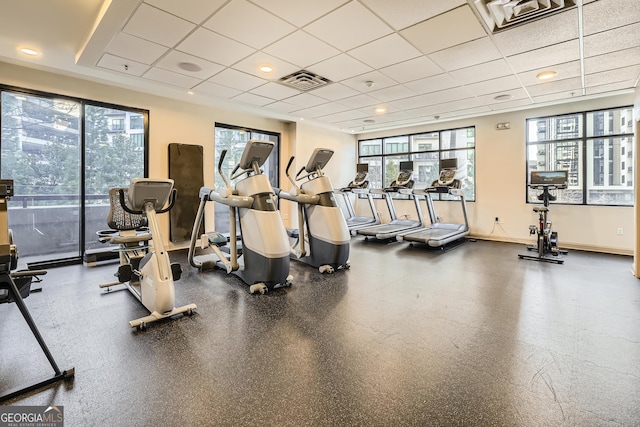 workout area featuring a wealth of natural light and a drop ceiling