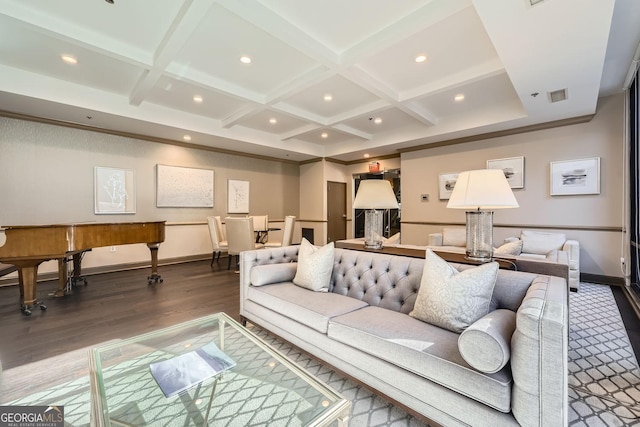 living room with coffered ceiling, dark hardwood / wood-style floors, and beamed ceiling