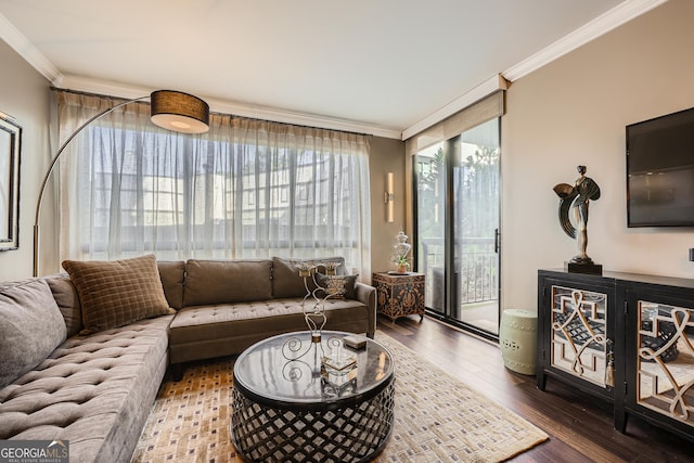 living room with dark wood-type flooring and ornamental molding