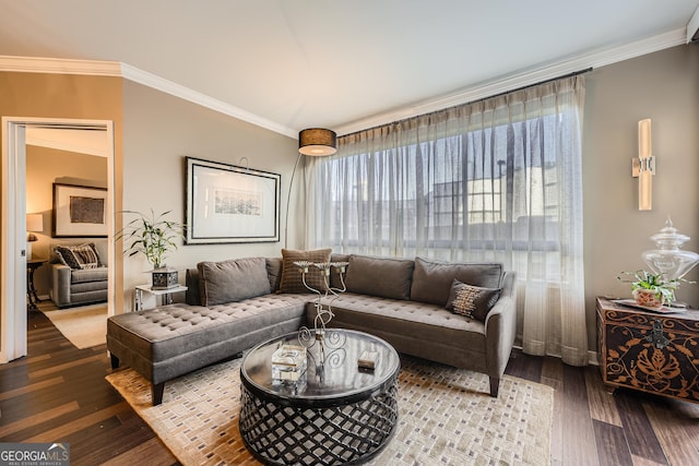 living room with crown molding and hardwood / wood-style floors