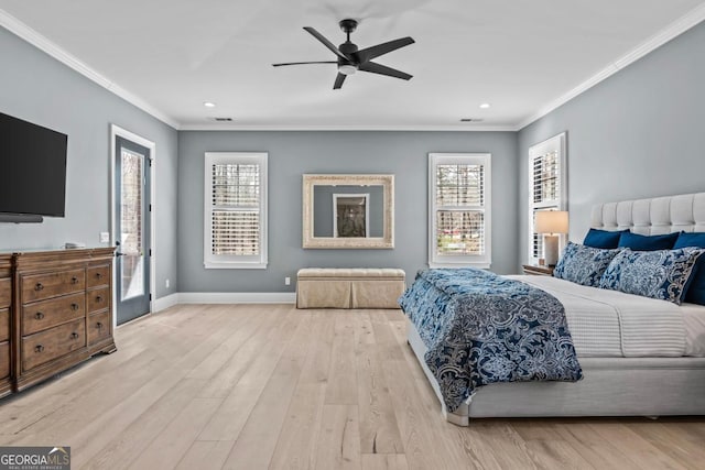 bedroom featuring crown molding, ceiling fan, access to exterior, and light hardwood / wood-style floors