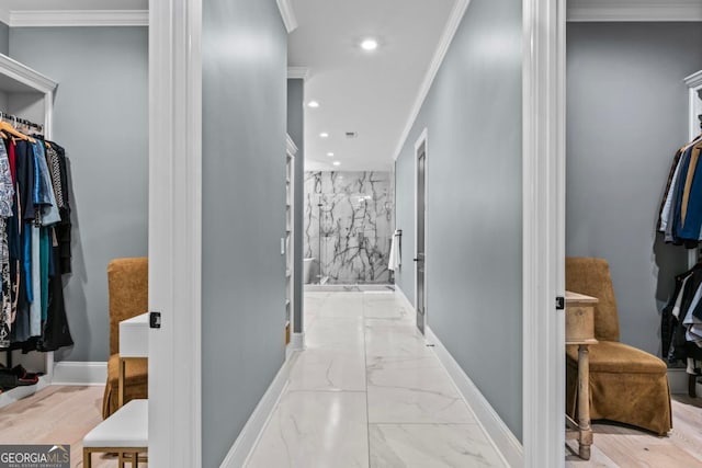 corridor featuring crown molding