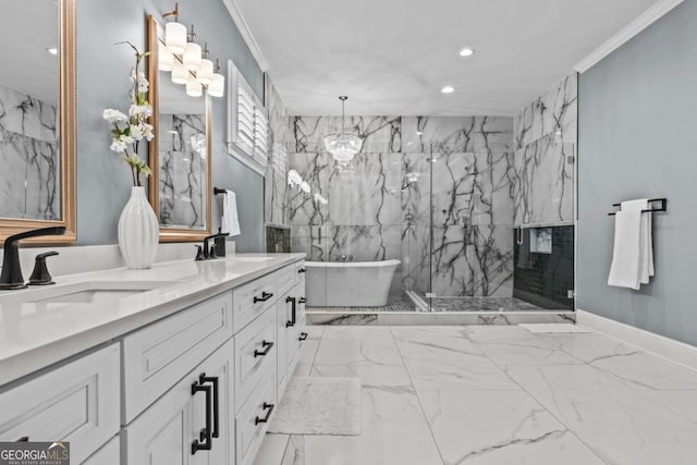 bathroom featuring crown molding, vanity, separate shower and tub, and a chandelier