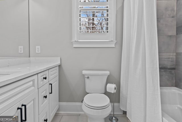 full bathroom featuring shower / tub combo with curtain, vanity, toilet, and tile patterned flooring