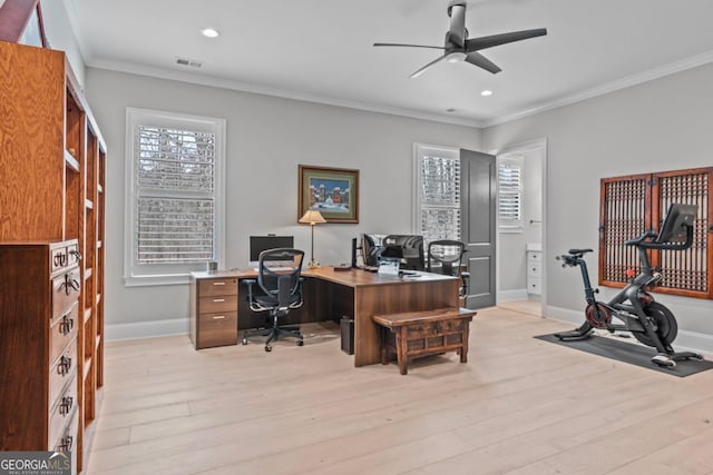 home office featuring crown molding, ceiling fan, and light wood-type flooring