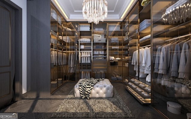 walk in closet featuring a tray ceiling and a notable chandelier