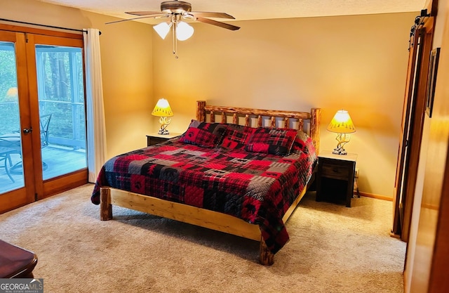 carpeted bedroom featuring access to exterior, french doors, and ceiling fan