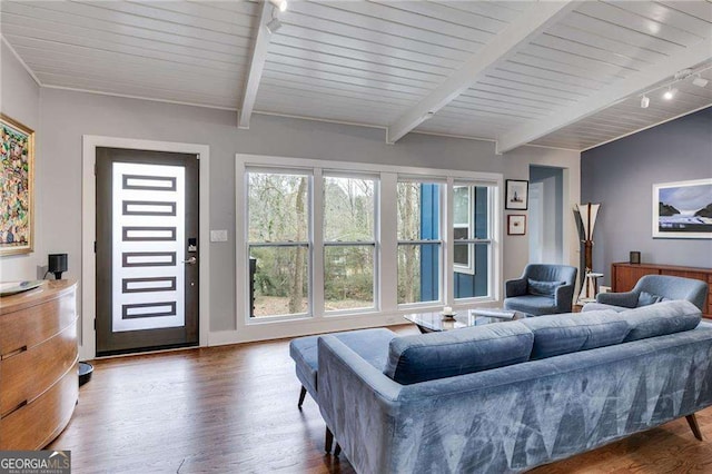 living room featuring wood ceiling, rail lighting, hardwood / wood-style floors, and lofted ceiling with beams