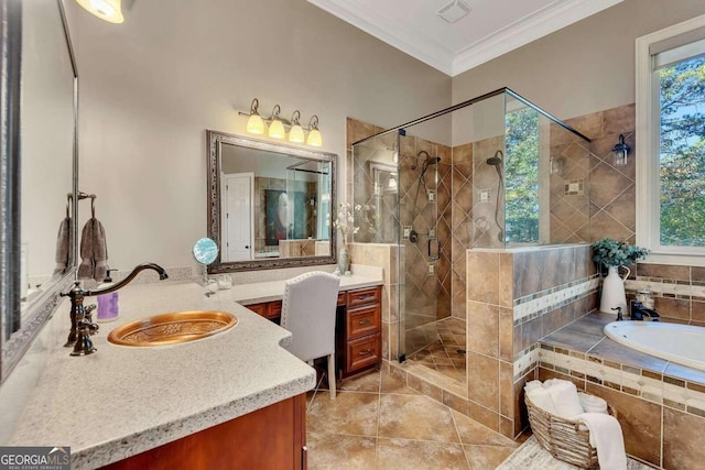 bathroom with independent shower and bath, vanity, tile patterned floors, and crown molding