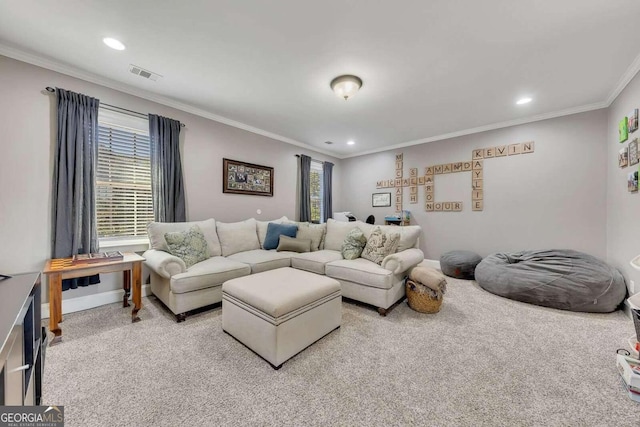 carpeted living room featuring crown molding