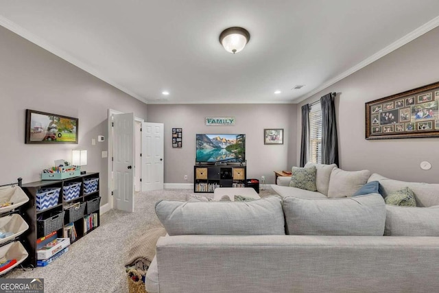 carpeted living room with crown molding