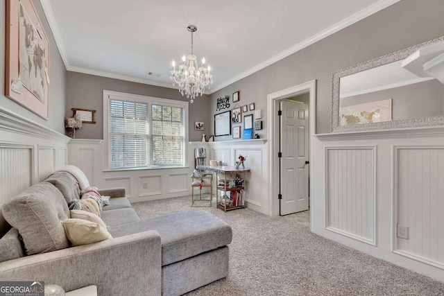 living room with ornamental molding, light carpet, and an inviting chandelier