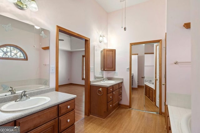 bathroom with a tub to relax in, wood-type flooring, and vanity