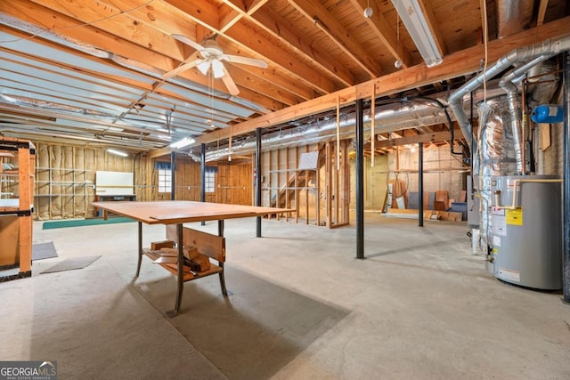 basement with water heater and ceiling fan