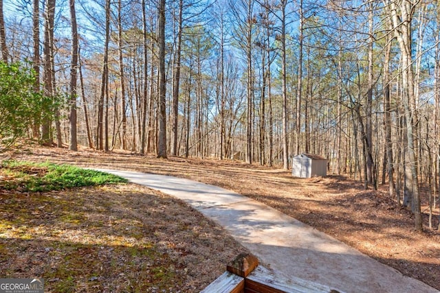 view of yard featuring a storage shed