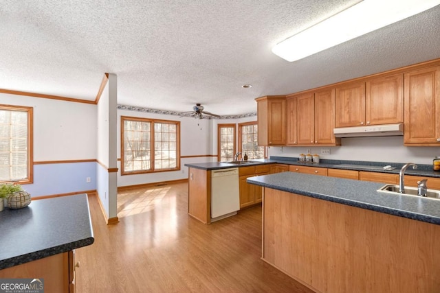 kitchen featuring sink, a center island, light wood-type flooring, dishwasher, and kitchen peninsula