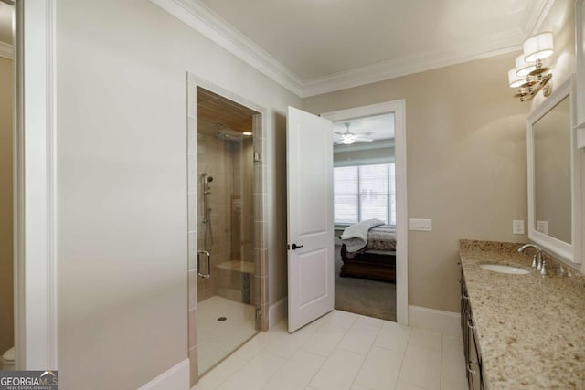 bathroom with vanity, ornamental molding, and walk in shower