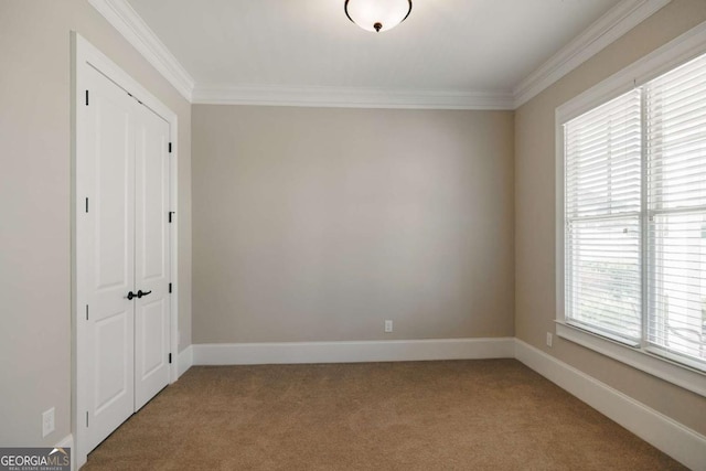 unfurnished bedroom featuring crown molding, carpet floors, and a closet