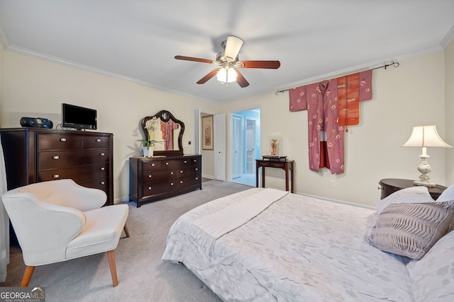 bedroom with ceiling fan, light colored carpet, and ornamental molding