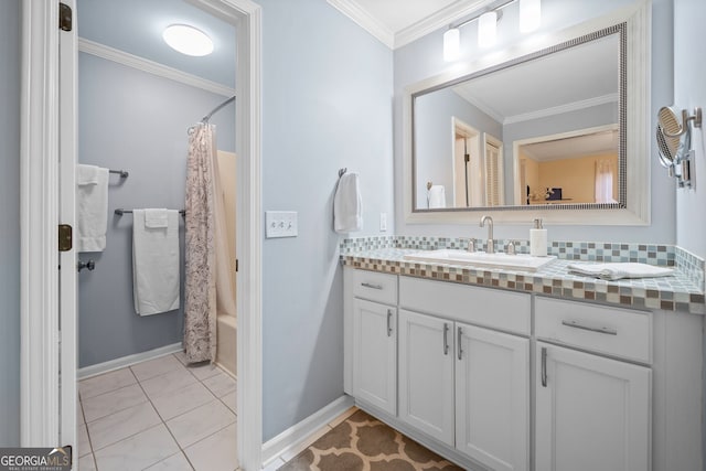 bathroom with backsplash, vanity, crown molding, shower / bathtub combination with curtain, and tile patterned floors