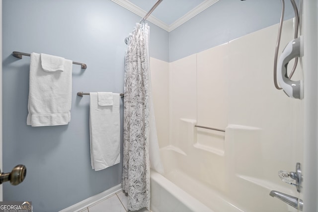 bathroom featuring crown molding and shower / tub combo with curtain