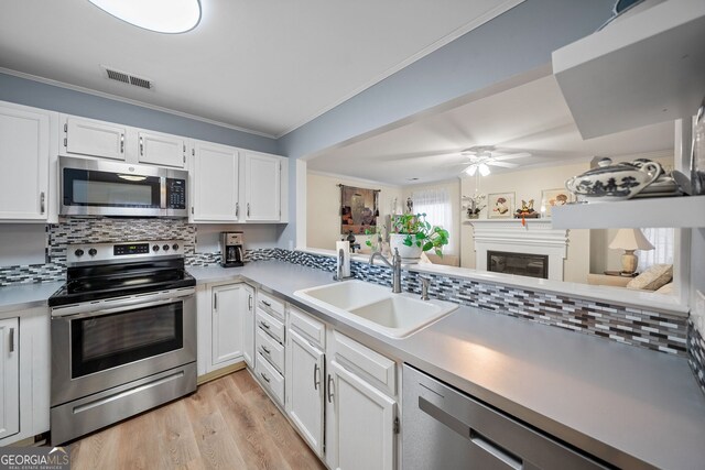 kitchen with white cabinetry, sink, ornamental molding, and stainless steel appliances