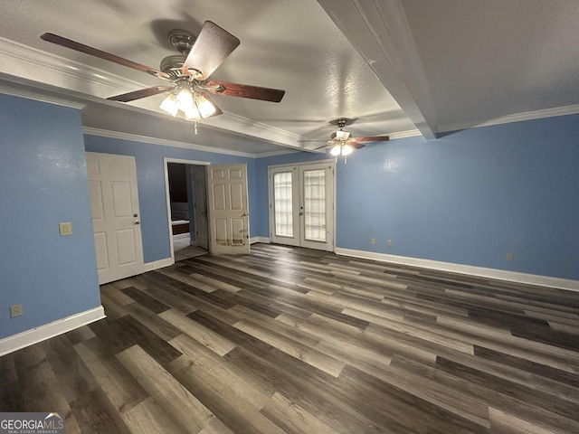 interior space with baseboards, french doors, beamed ceiling, dark wood finished floors, and crown molding