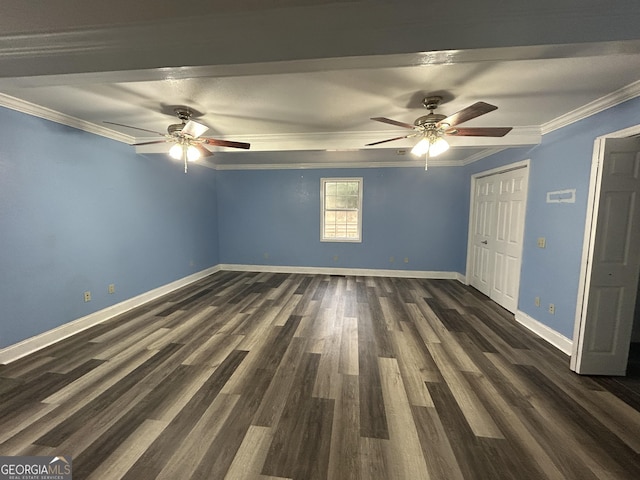 unfurnished bedroom featuring a ceiling fan, baseboards, a closet, dark wood finished floors, and crown molding