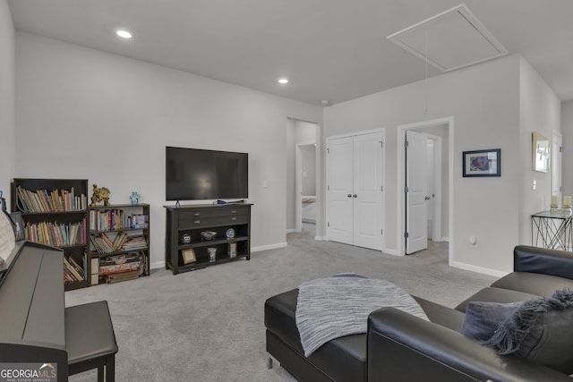 720 Lanarck Way, Peachtree City, GA 30269 - living room with attic access, carpet flooring, and recessed lighting